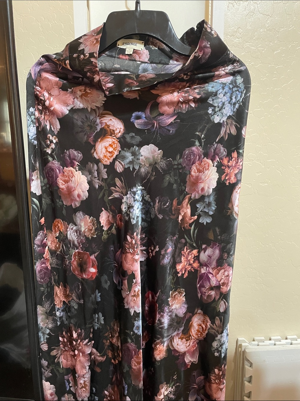 L'AGENCE Black Floral Maxi Skirt with Pink & Purple Blooms